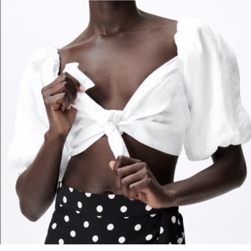 ZARA WHITE PUFF SLEEVE TIE TOP